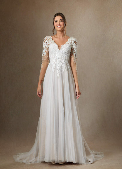 Diamond White A-Line V-Neck Sequins Tulle Dress