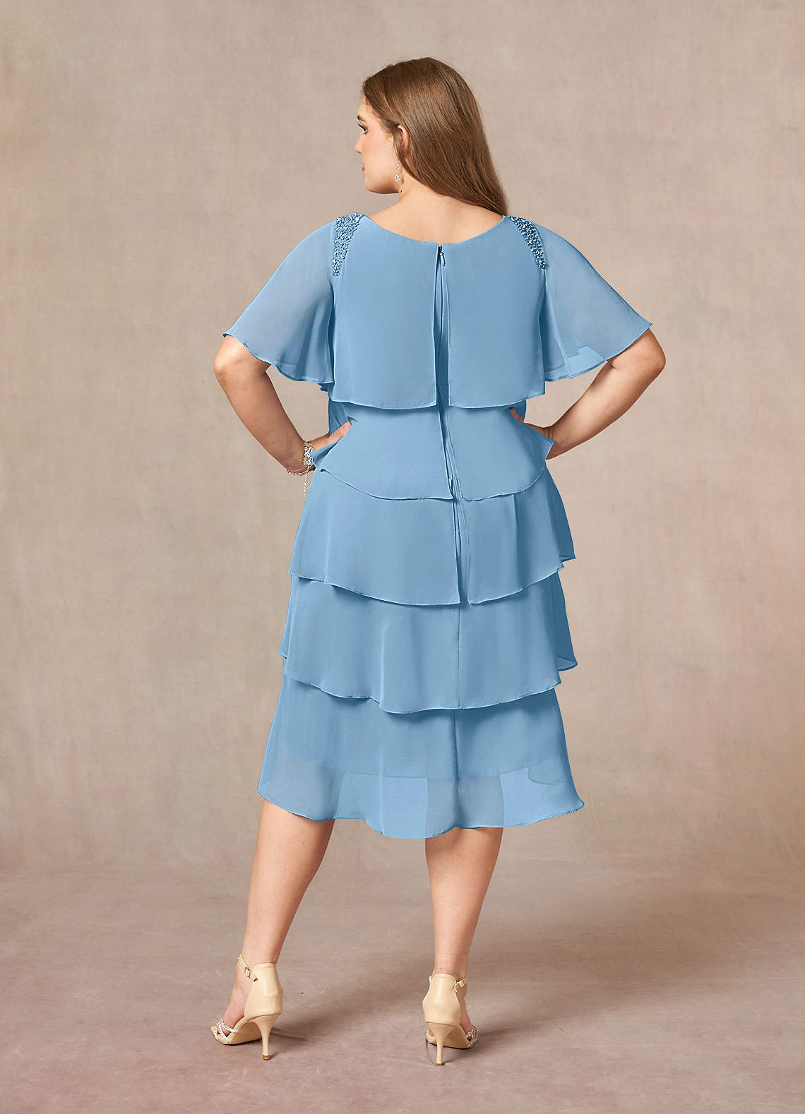 Steel Blue A-Line Scoop Beaded Chiffon Dress