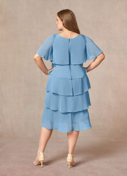 Steel Blue A-Line Scoop Beaded Chiffon Dress