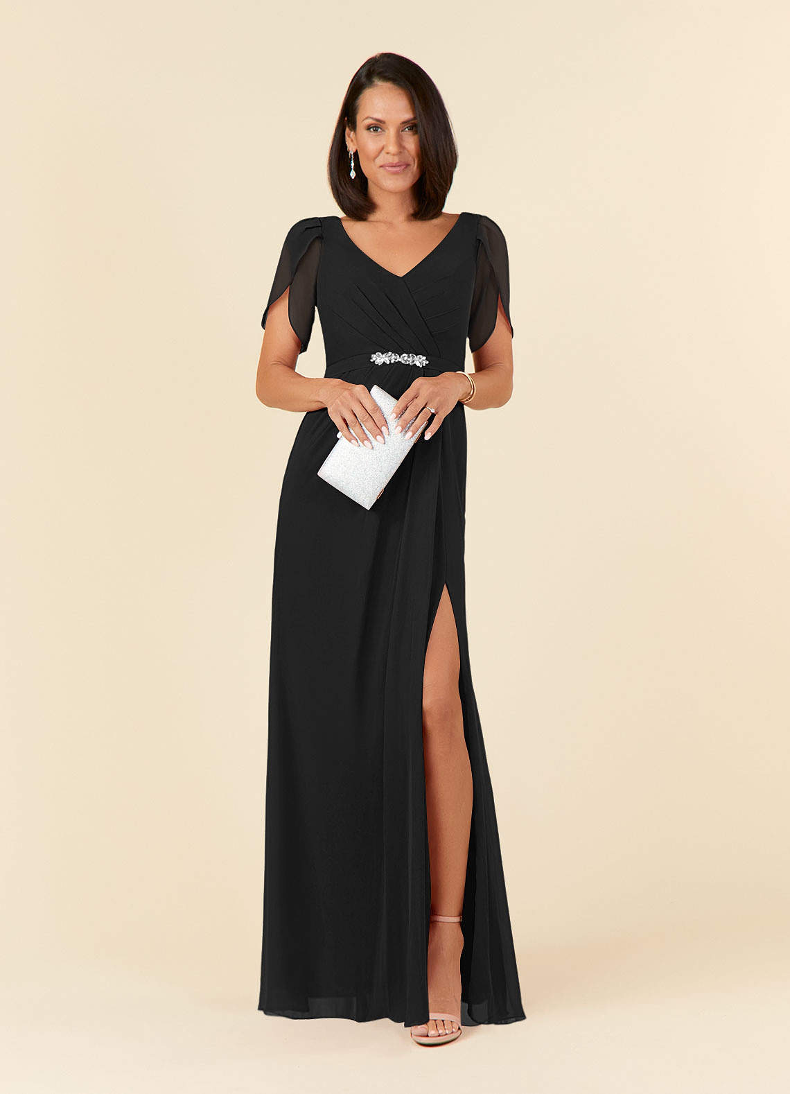 Black Sheath V-Neck Pleated Chiffon Dress