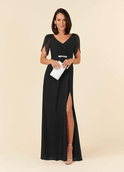 Black Sheath V-Neck Pleated Chiffon Dress