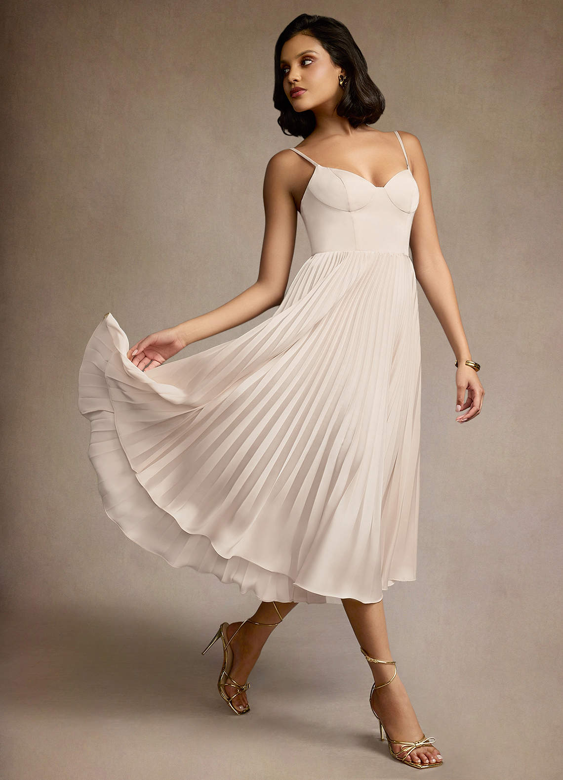 Emma Cream Pleated Midi Dress  Dress