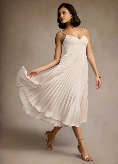 Emma Cream Pleated Midi Dress  Dress