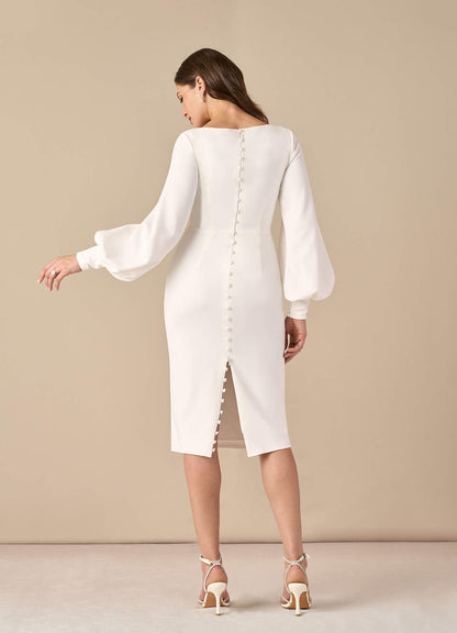 Diamond White Sheath Square Neckline Stretch Crepe Dress