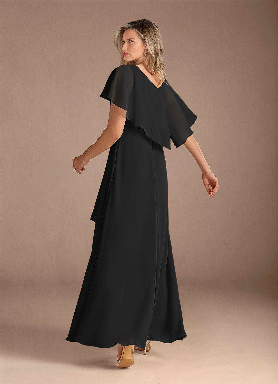 Black A-Line V-Neck Pleated Chiffon Dress