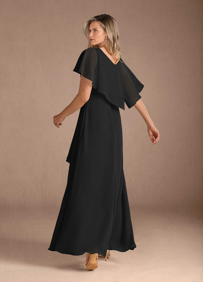 Black A-Line V-Neck Pleated Chiffon Dress