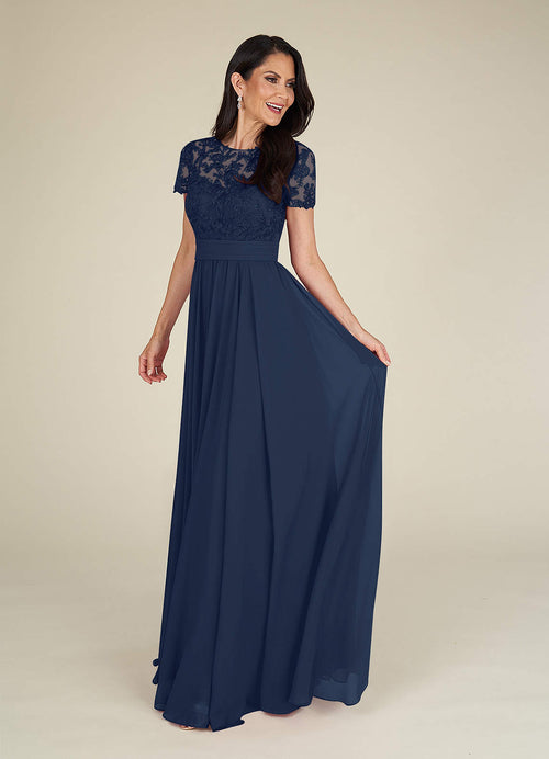 Dark Navy A-Line Lace Chiffon Dress