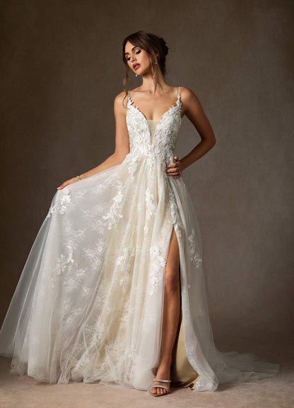 Diamond White Champagne A-Line Lace Tulle Dress