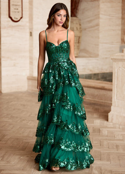 Tindra Green Sequins Ruffles Prom Dress  Dress