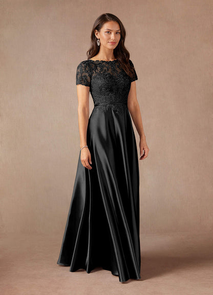 Black A-Line Lace Metallic Satin Dress