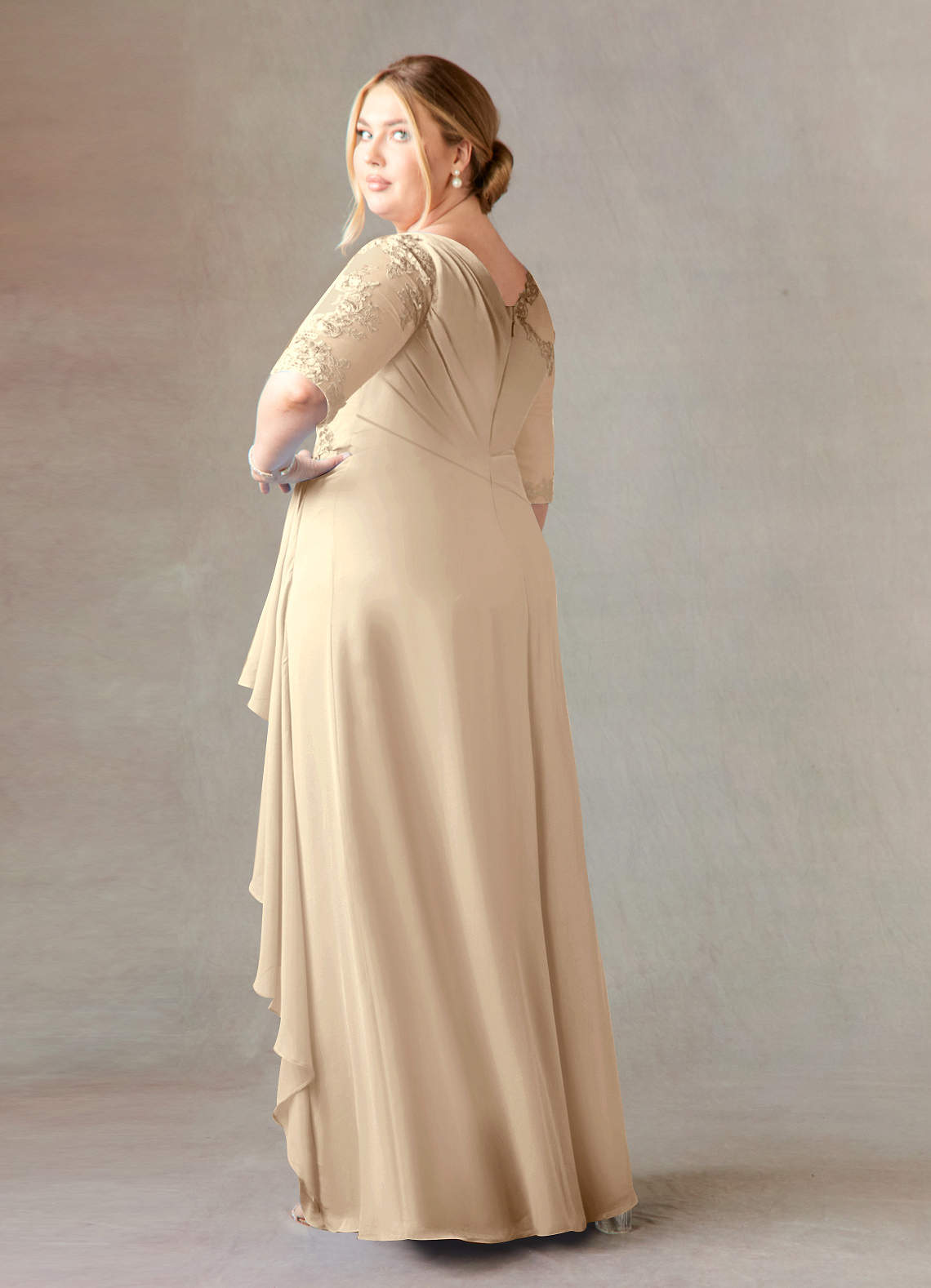 Champagne A-Line Boatneck Lace Chiffon Dress