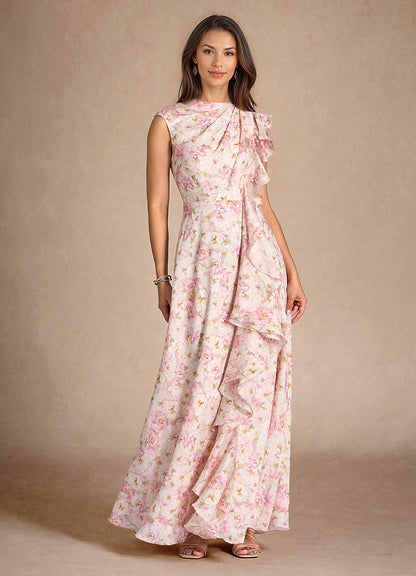 Antique Rose Floral A-Line Pleated Floral Chiffon Dress