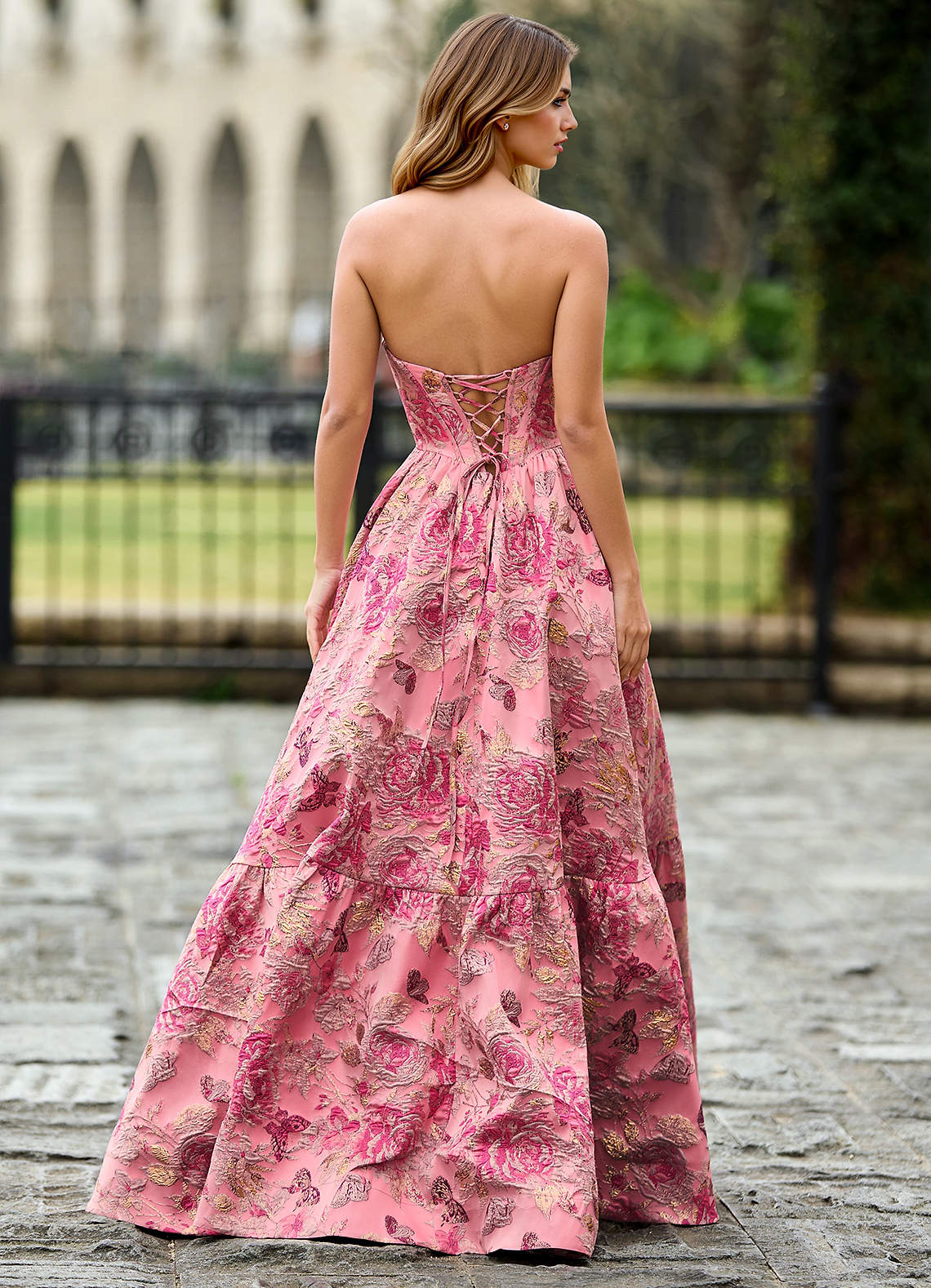 Rosemarnder Rose Pink Jacquard Flowers Prom Dress