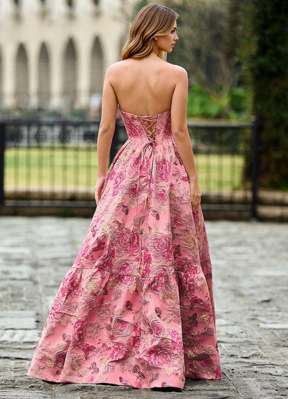 Rosemarnder Rose Pink Jacquard Flowers Prom Dress