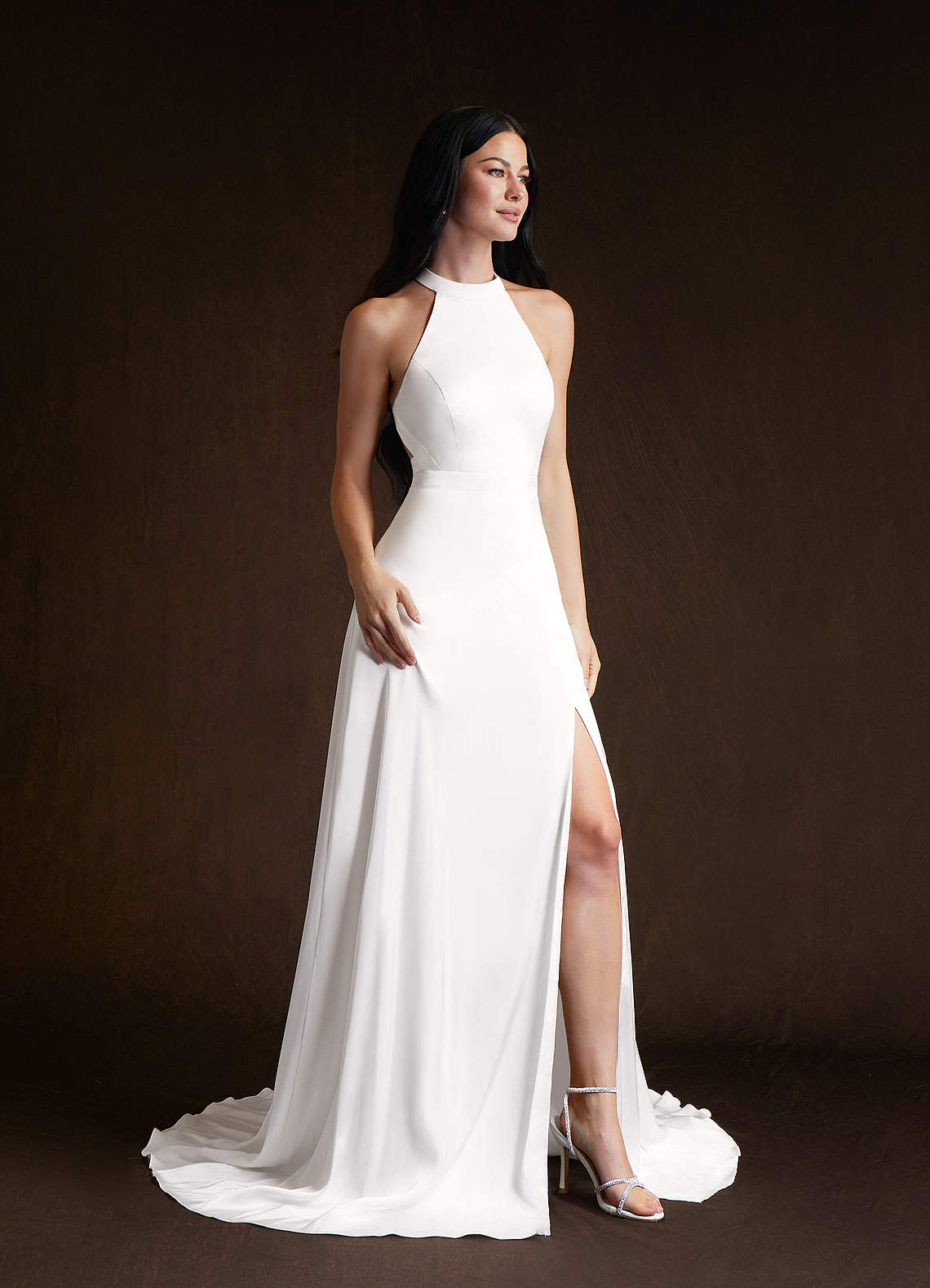 Diamond White A-Line Side Slit Stretch Satin Dress
