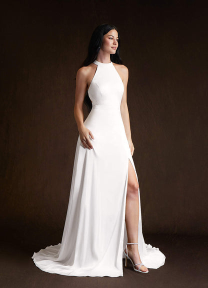 Diamond White A-Line Side Slit Stretch Satin Dress