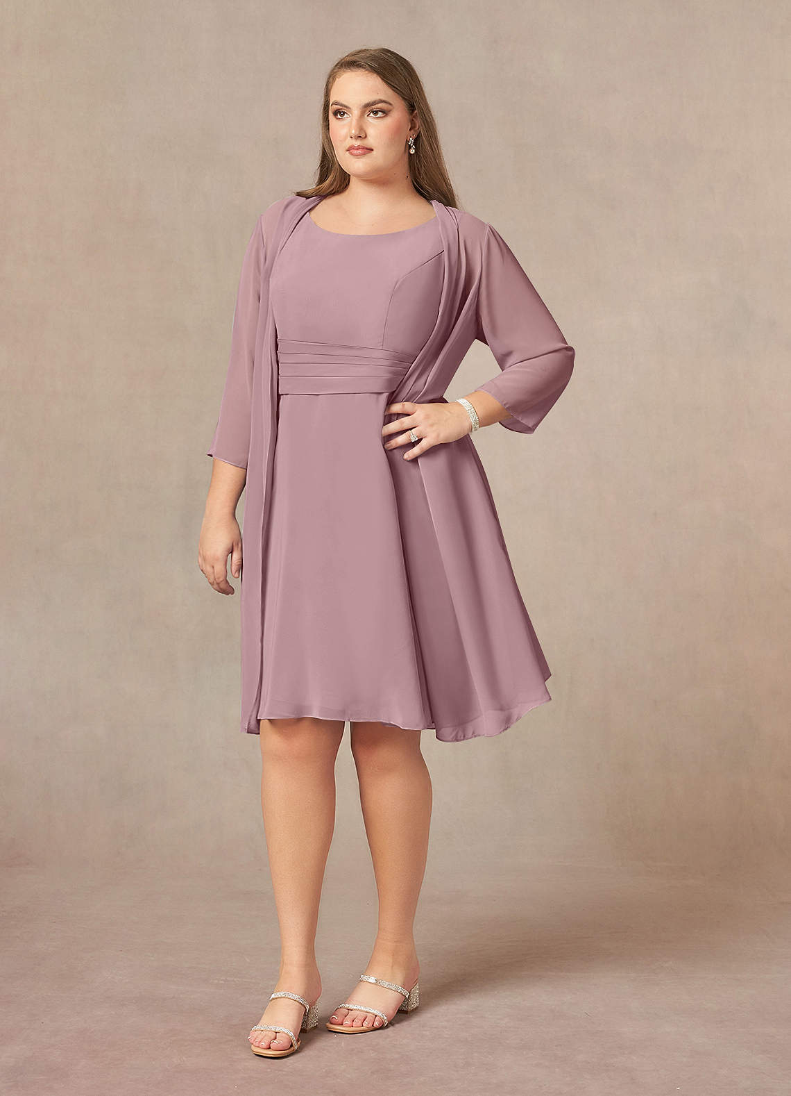 Dusty Rose A-Line Scoop Pleated Chiffon Dress