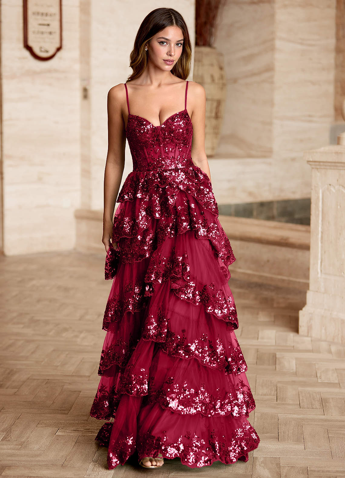 Tindra Burgundy Sequins Ruffles Prom Dress  Dress