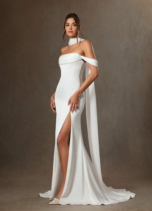 Diamond White Sheath Side Slit Stretch Satin Dress