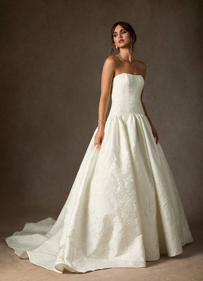 Antique White Ball-Gown Strapless Floral Jacquard Dress