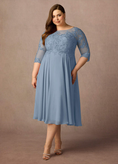 Dusty Blue A-Line Scoop Lace Chiffon Dress