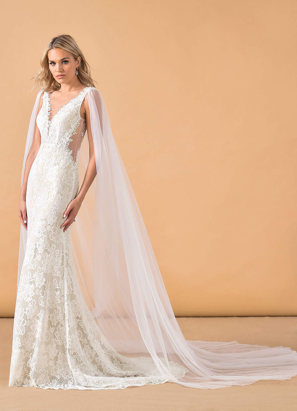 Diamond White Champagne Mermaid V-Neck Lace Tulle Dress