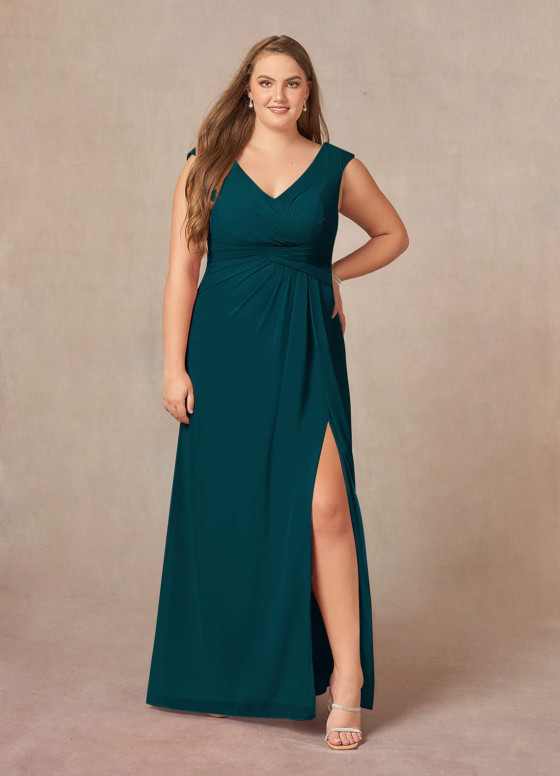 Pine A-Line V-Neck Pleated Chiffon Dress