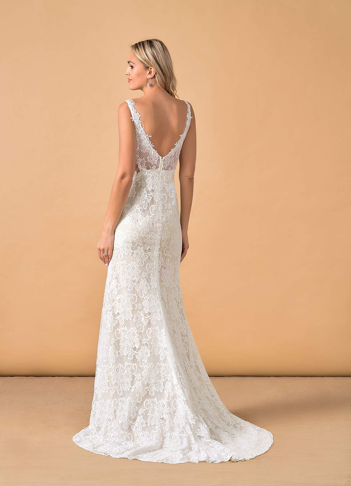 Diamond White Champagne Mermaid V-Neck Lace Tulle Dress