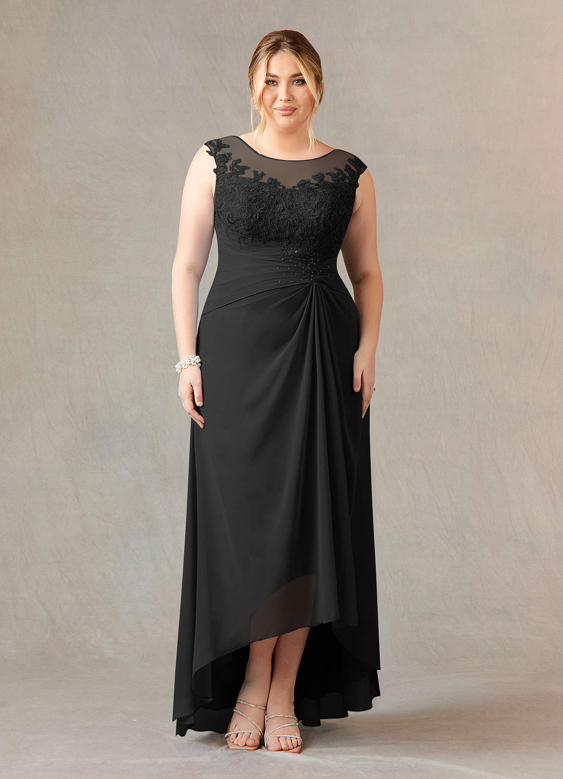 Black A-Line Scoop Lace Chiffon Dress