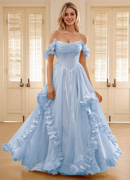 Elysia Sky Blue Corset Rhinestone Sheer Lace Prom Dress