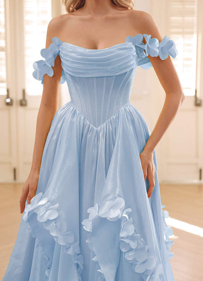 Elysia Sky Blue Corset Rhinestone Sheer Lace Prom Dress