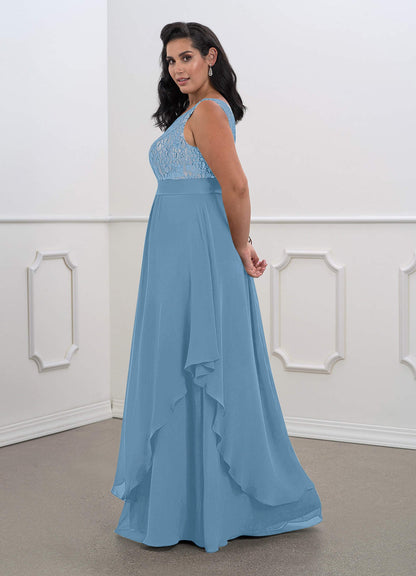 Steel Blue A-Line Lace Chiffon Dress