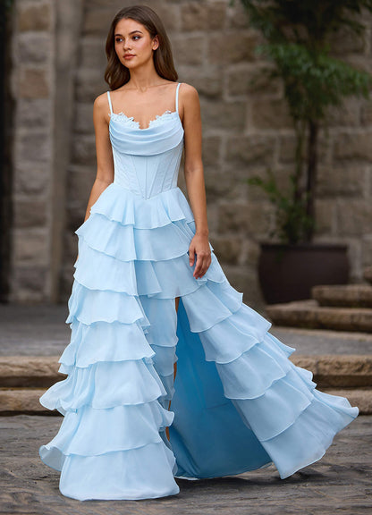 Floralace Sky Blue Ruffled A-Line Prom Dress
