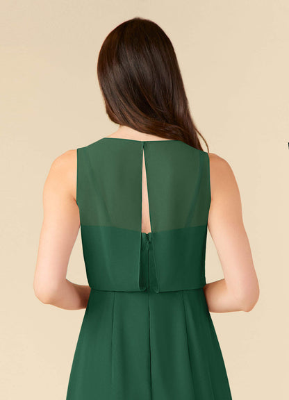 Dark Green A-Line Scoop Pleated Chiffon Dress