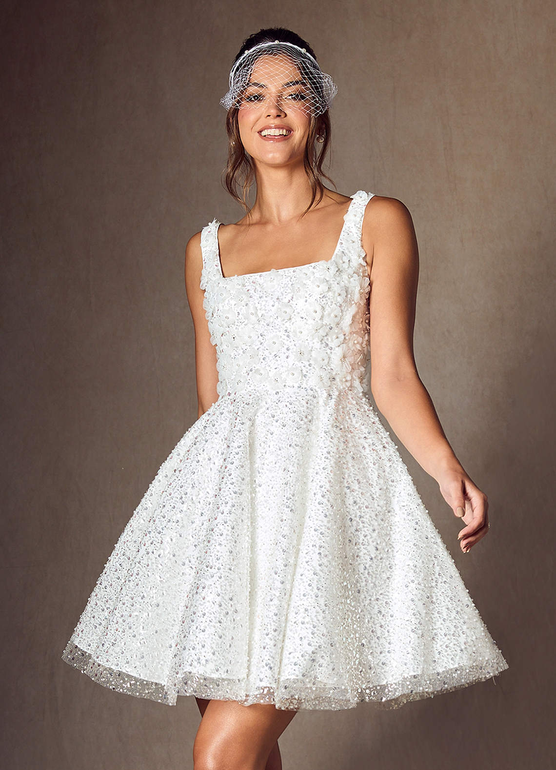 Diamond White A-Line with Pockets Beading Dress