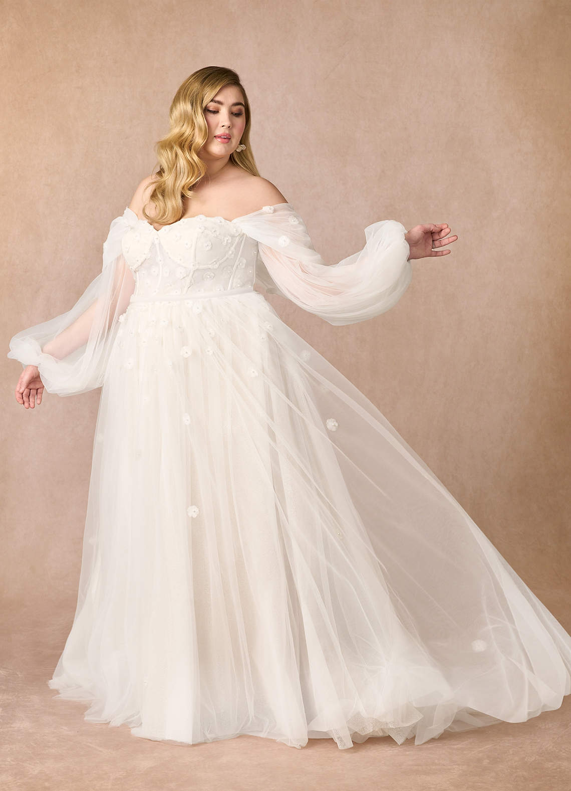 Diamond White Champagne A-Line Off the Shoulder Tulle Dress