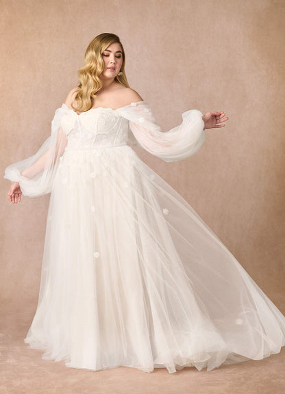 Diamond White Champagne A-Line Off the Shoulder Tulle Dress