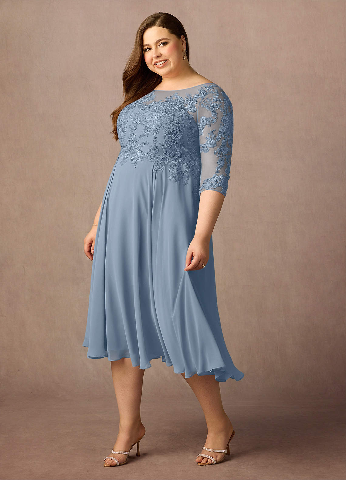 Dusty Blue A-Line Scoop Lace Chiffon Dress