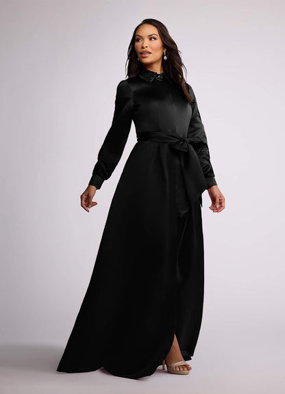 Black A-Line Lace Matte Satin Dress