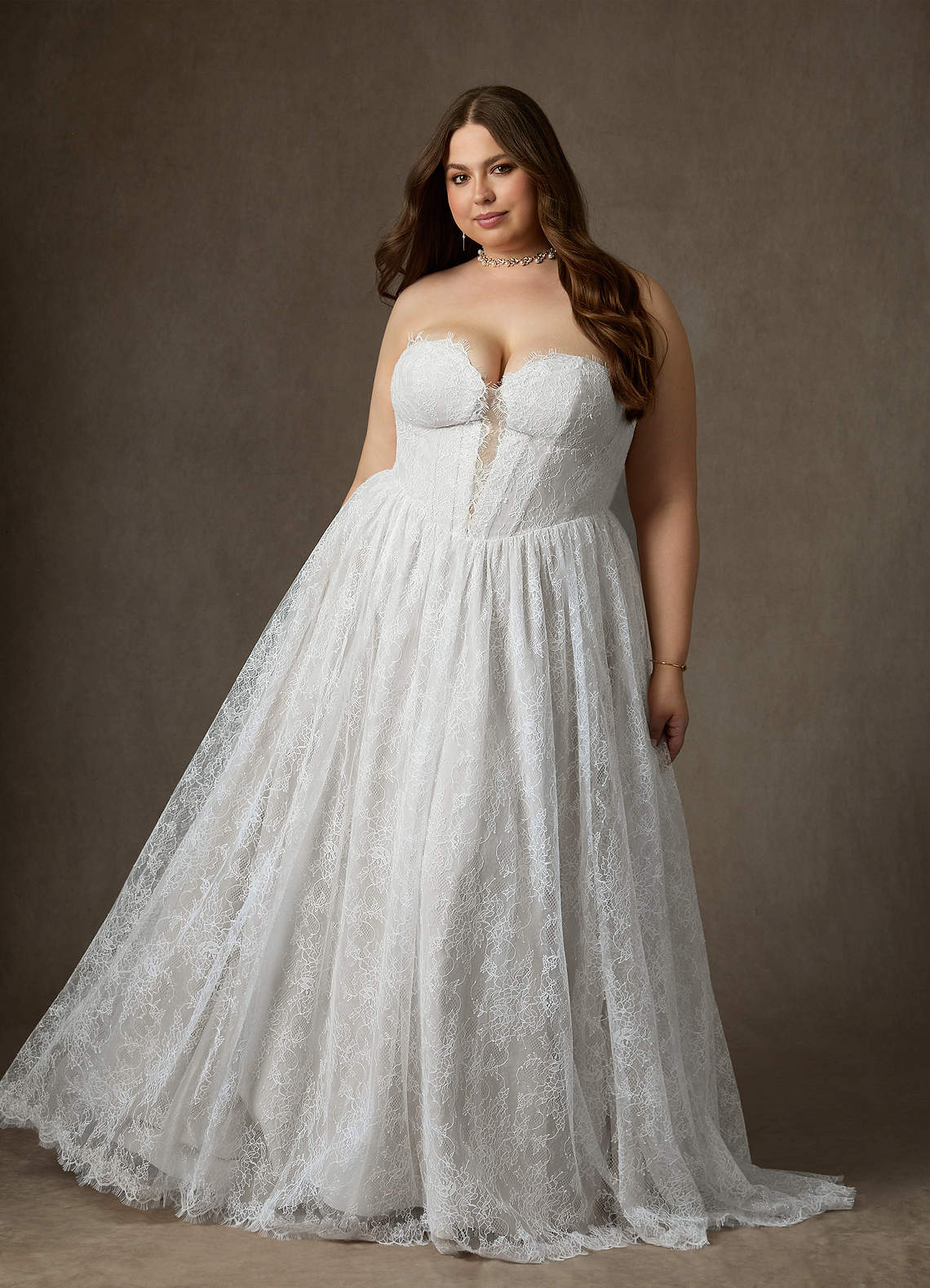 Diamond White A-Line Strapless Lace Dress