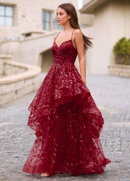 Valentina Burgundy Embroidered Jacquard Sheer Prom Dress  Dress