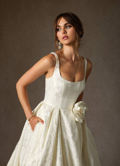 Antique White Ball-Gown with Pockets Floral Jacquard Dress