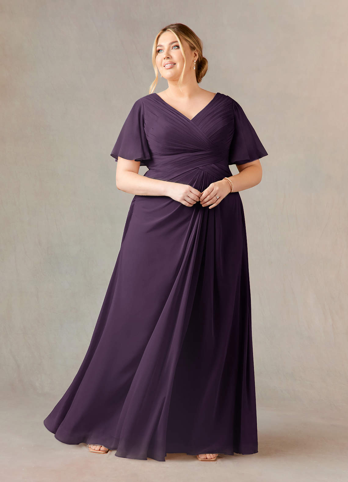 Plum A-Line V-Neck Ruched Chiffon Dress