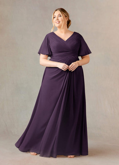 Plum A-Line V-Neck Ruched Chiffon Dress