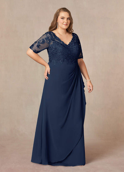 Dark Navy A-Line V-Neck Lace Chiffon Dress