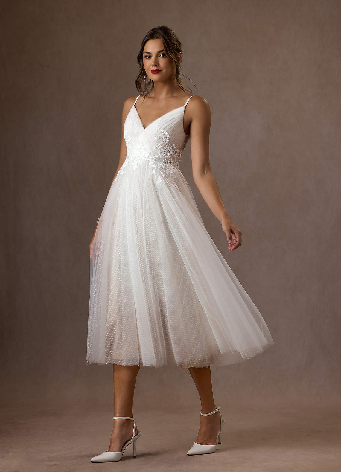 Diamond White A-Line V-Neck Sequins Tulle Dress