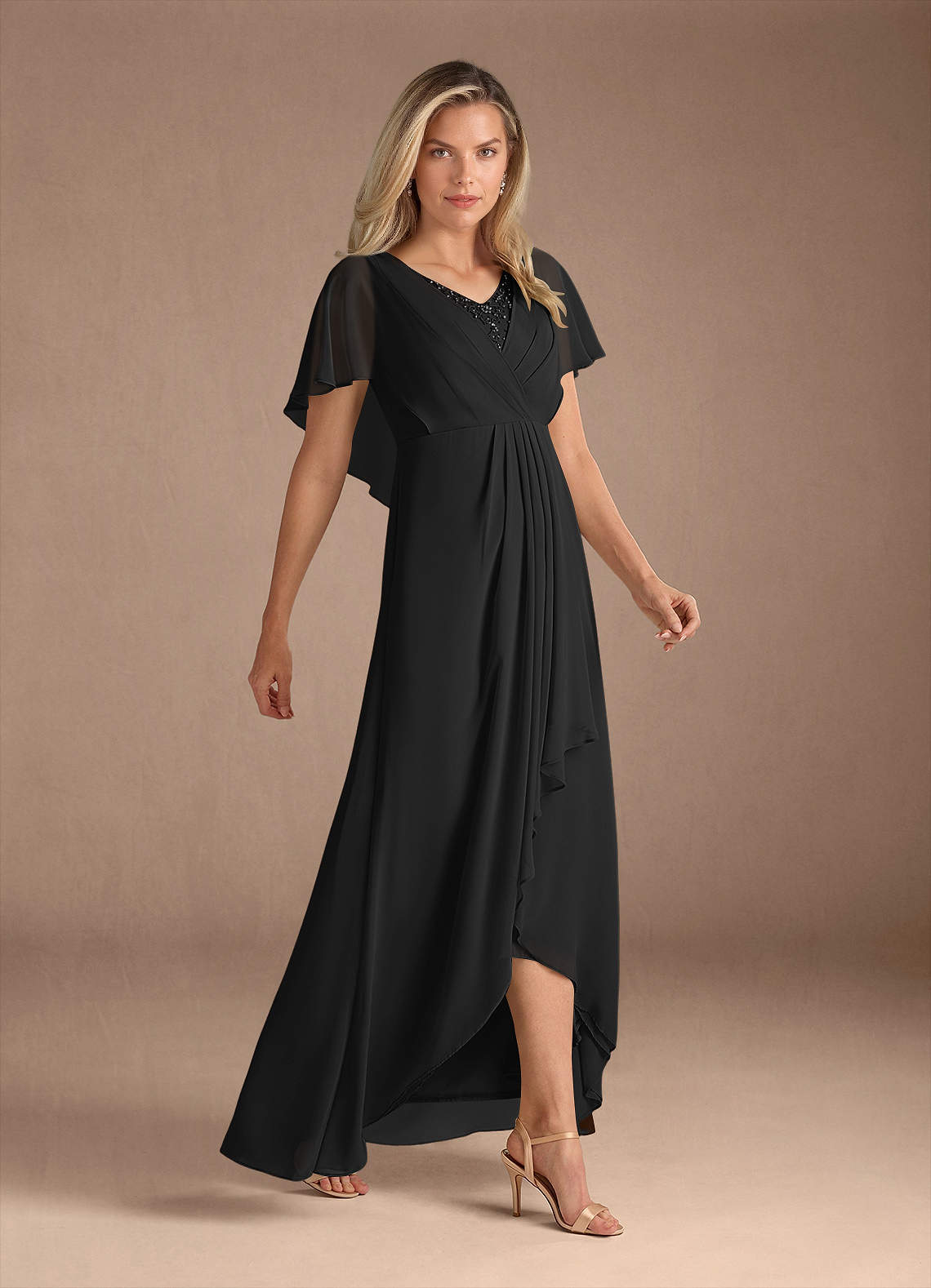 Black A-Line V-Neck Pleated Chiffon Dress