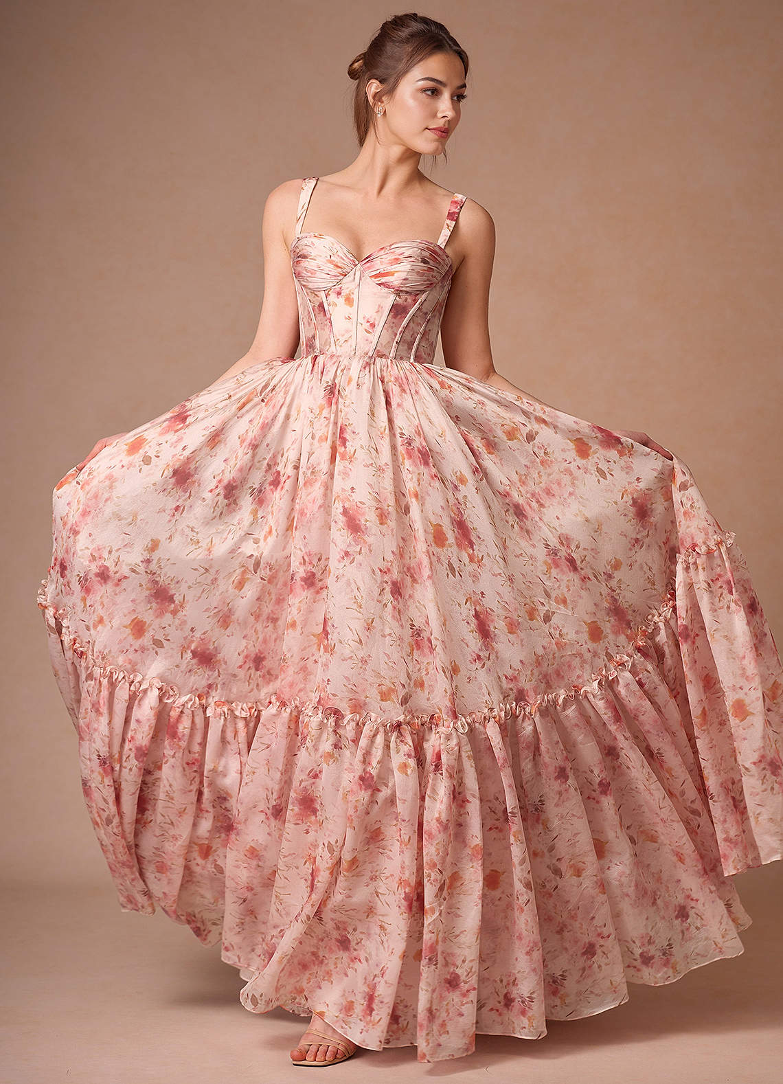 Halame Apricot Multi Sleeveless Floral A-Line Prom Dress