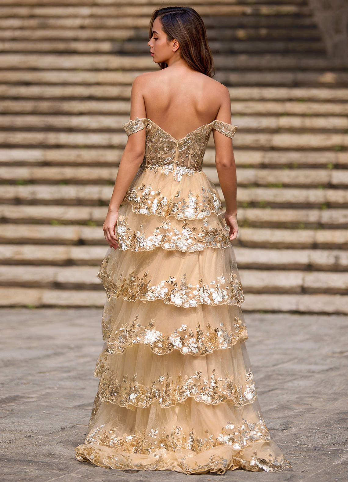 Glitz Champagne Ruffled A-Line Prom Dress  Dress