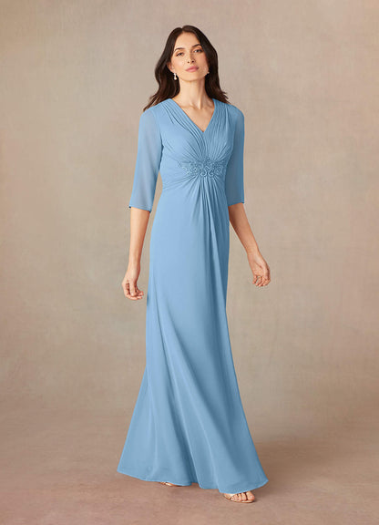Steel Blue A-Line Sequins Chiffon Dress